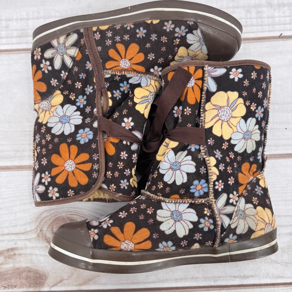 No Boundaries Lexie Boots Brown Corduroy Retro Floral Flower Power Boho Hippie 8